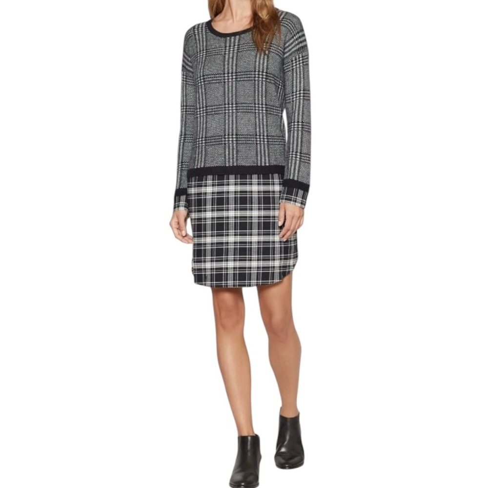 Soft Joie Black and White Long Sleeve Mixed Media Sweater Dress, Small - Picture 2 of 13
